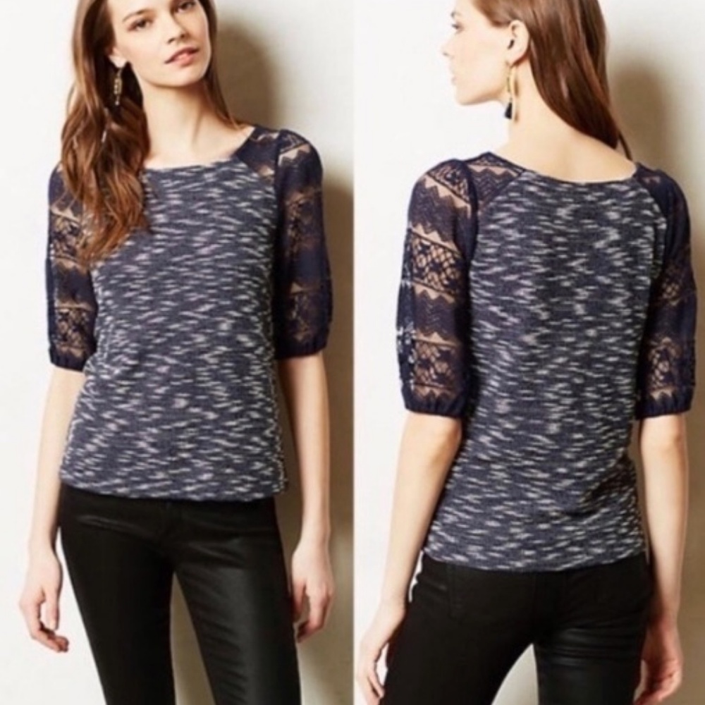 Anthropologie Postmark Blue Knit Lace Sleeve Top